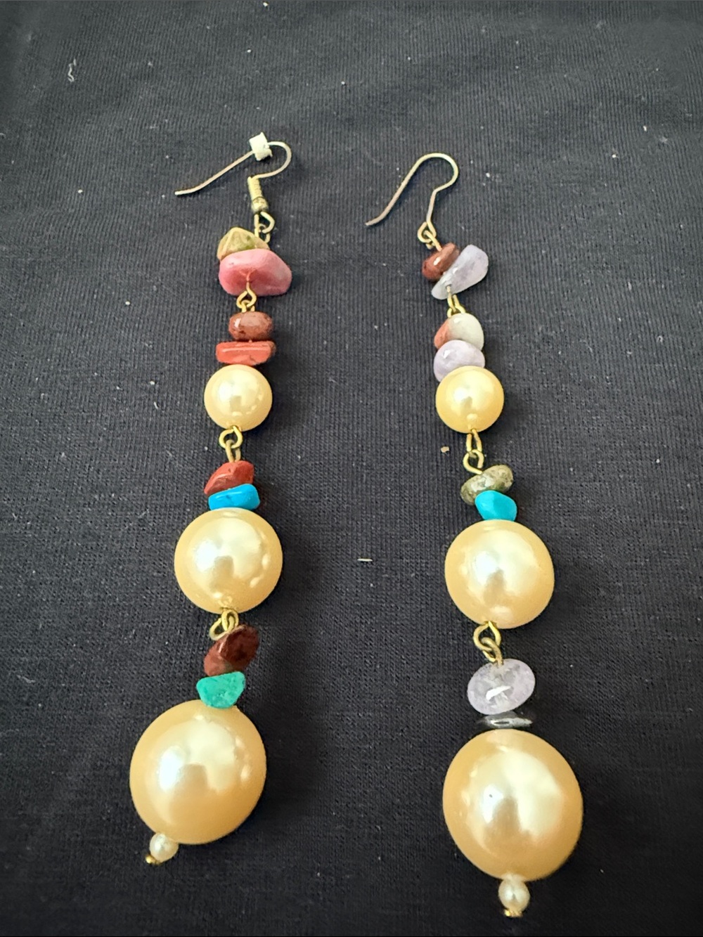 Gold Pearl Drop Earrings with Multicolor Gem Accents